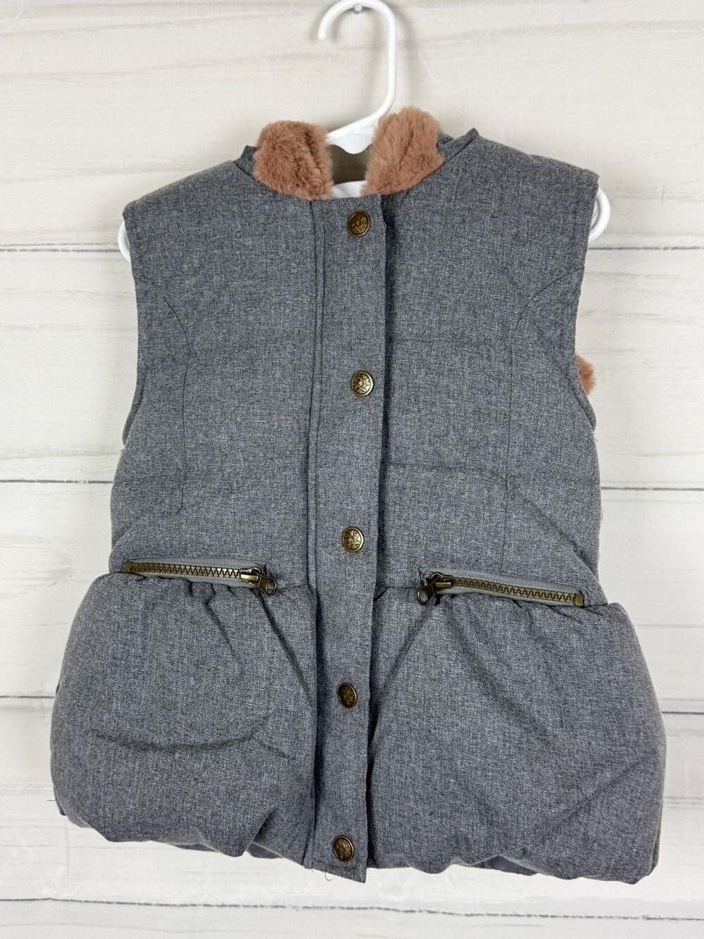 Nicole Miller New York Girls Gray Puffer Vest with Faux Fur Hood Size 6 - Picture 1 of 5